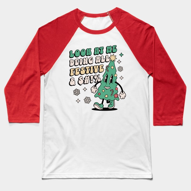 Look At Me Being All Festive - Funny Retro Christmas Tree Baseball T-Shirt by OrangeMonkeyArt